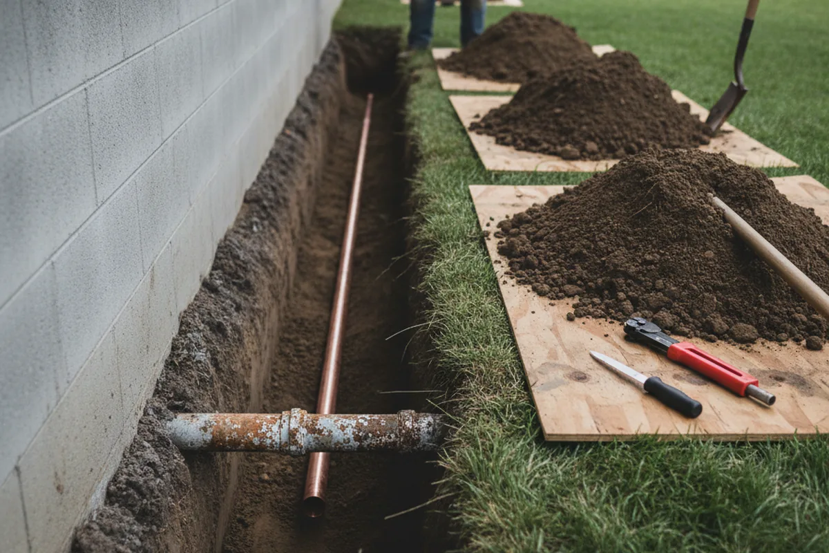 Excavated water line trench during Sewer Line Repair in Dandridge